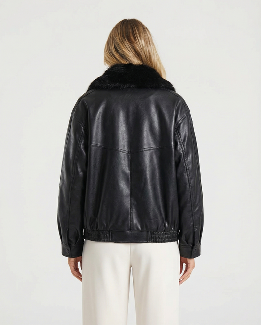Margot | Faux Leather Bomber Jacket Black Faux Fur Collar