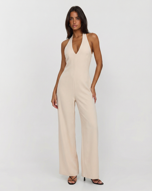 Maren | Elegant Halter Neck Jumpsuit Cream Wide Leg