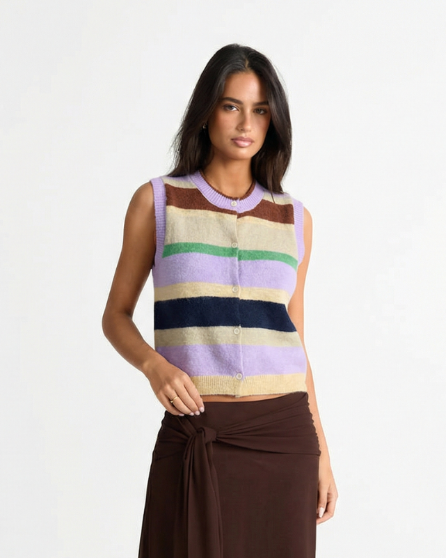 Sia | Striped Knitted Top Vest Purple Sleeveless Button Front