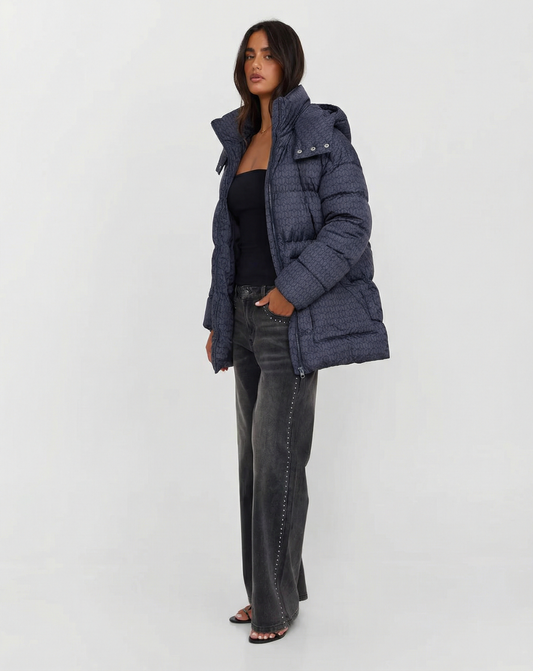Zuri | Winter Quilted Puffer Jacket Navy Long Padded Hooded