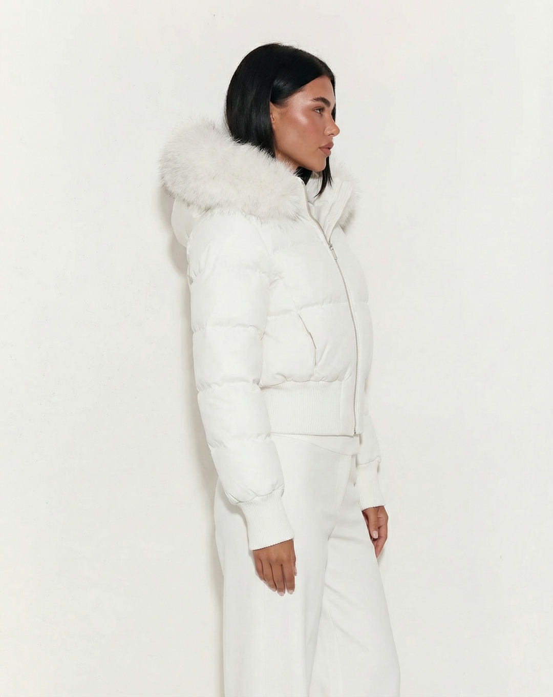 Margot | Cropped Puffer Jacket White Hooded Faux Fur Trim