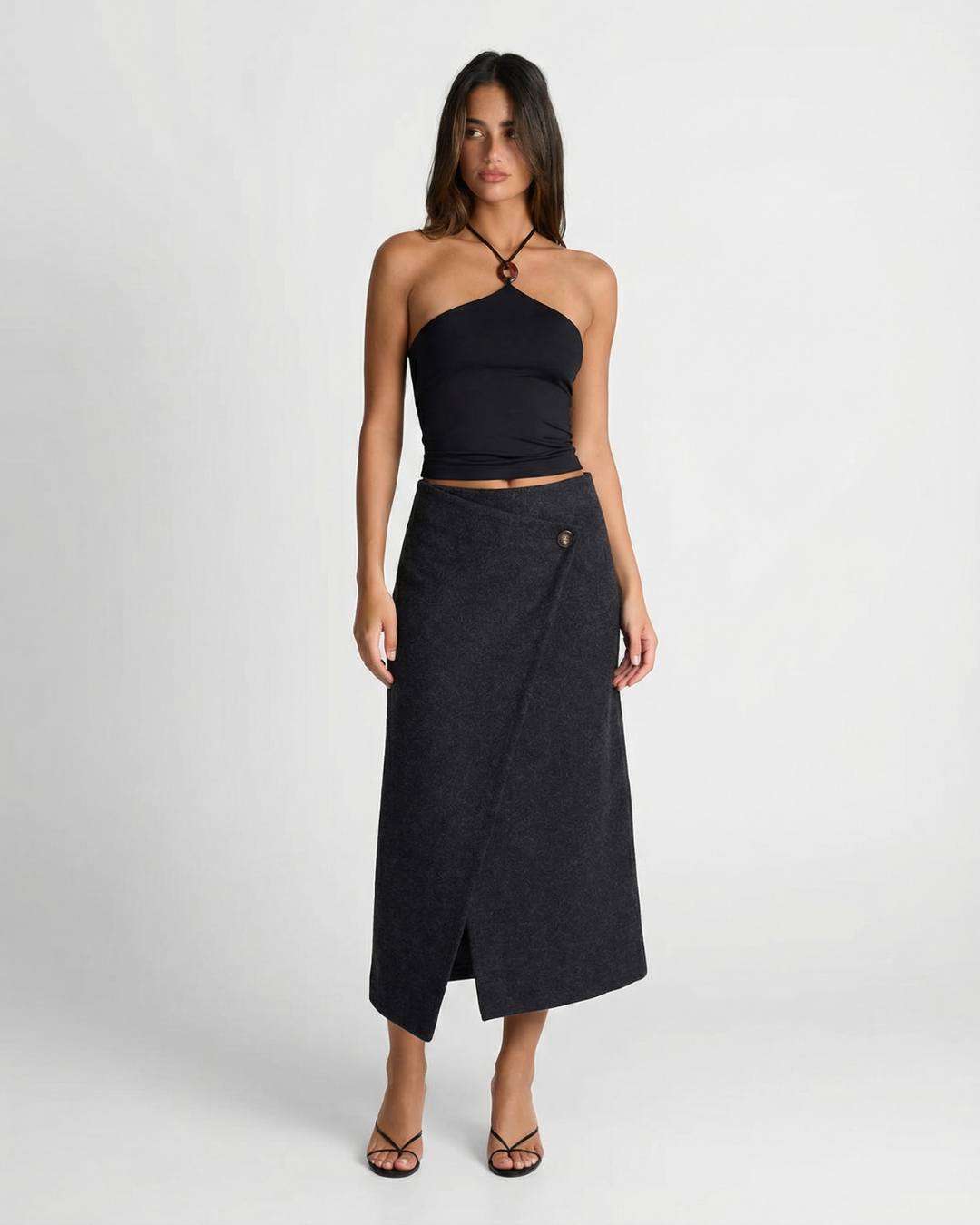 Nell | Elegant Wrap Midi Skirt Black Button Detail A Line