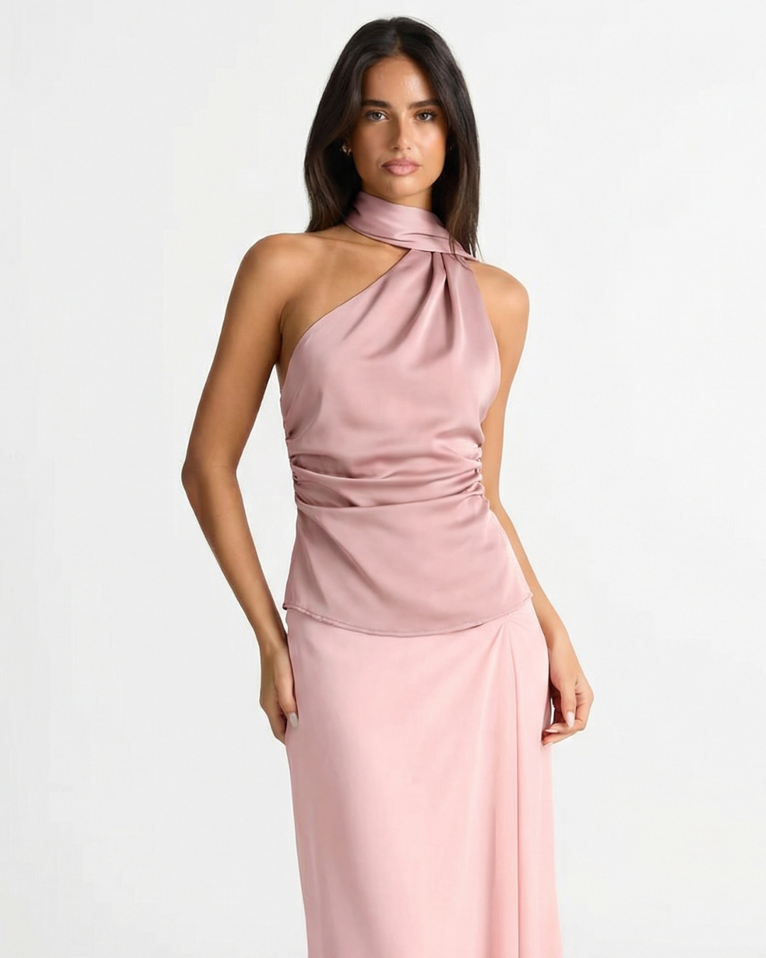 Flora | Elegant Halter Neck Top Pink Satin Sleeveless Ruched