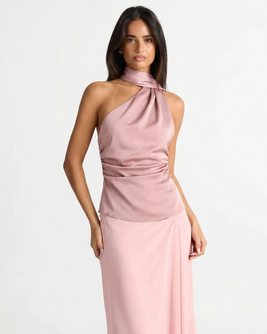 Flora | Elegant Halter Neck Top Pink Satin Sleeveless Ruched