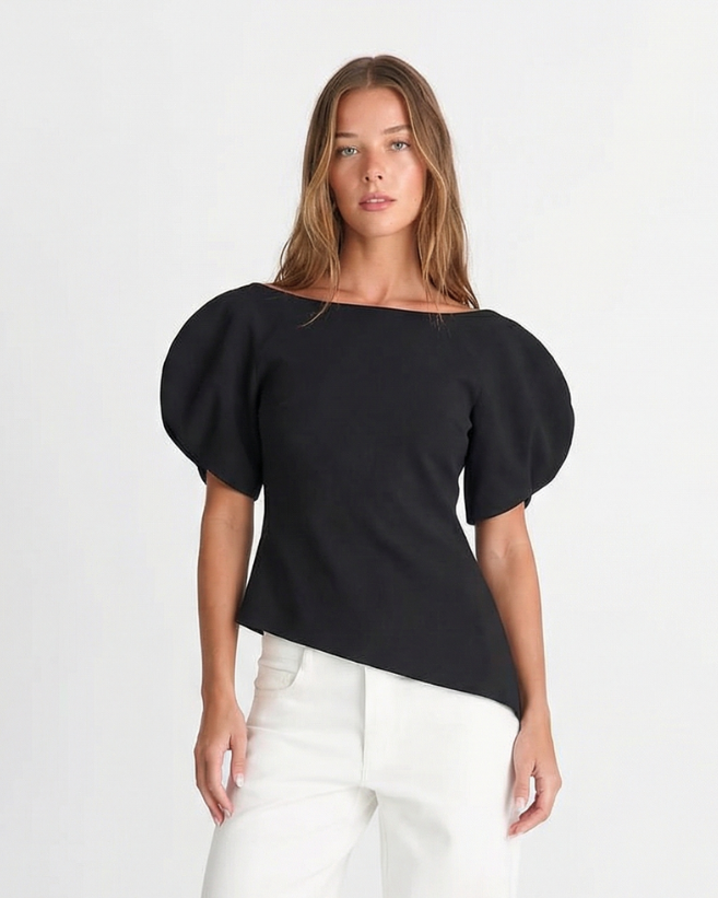 Ada | Asymmetric Top Black Puff Sleeve Short Sleeve