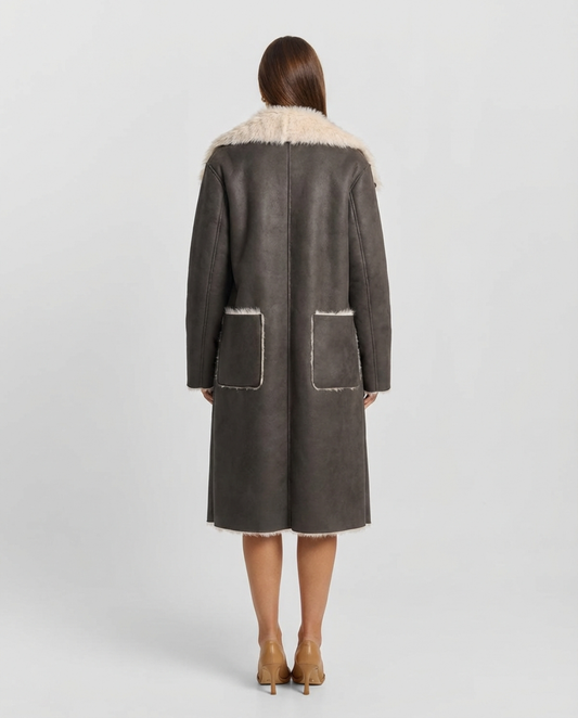 Margot | Sherpa Lined Suede Coat Gray Cream Collar