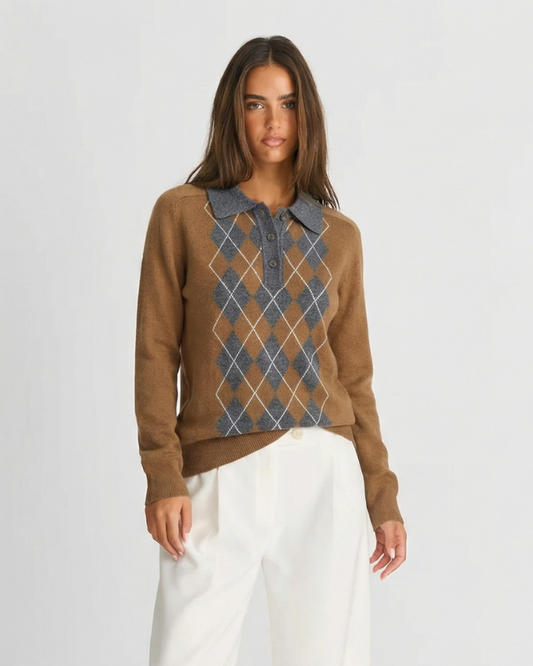 Millie | Brown Argyle Knit Polo Jumper