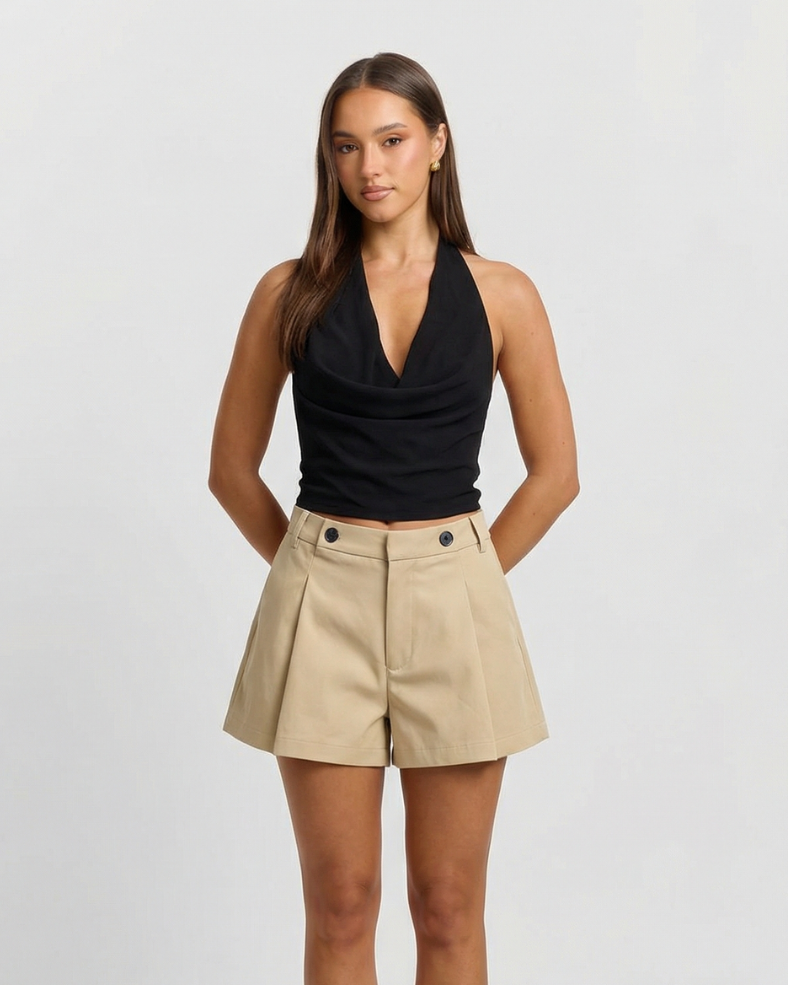 Bea | Elegant Tailored Shorts Khaki Pleated High Waisted
