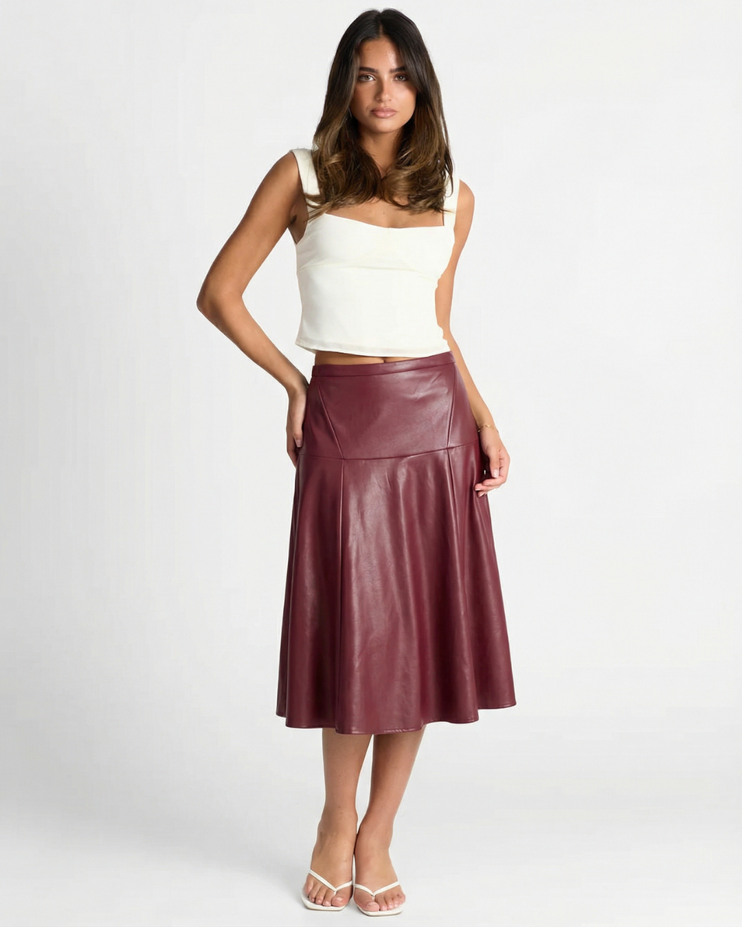 Opal | Leather Skirt Midi Brown A Line Faux High Waisted