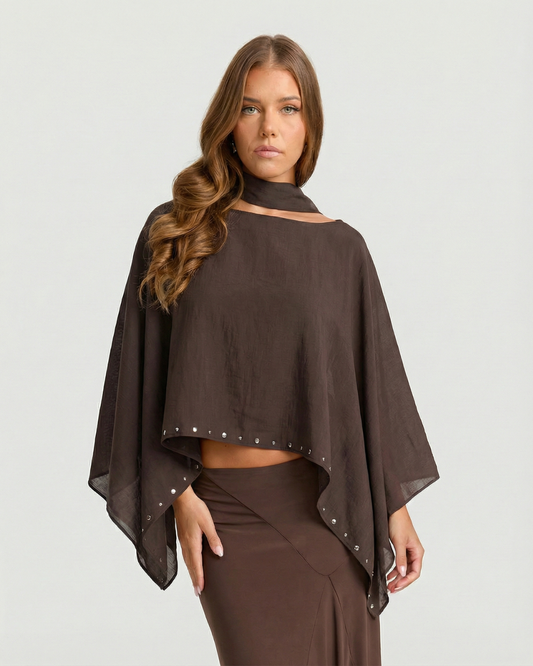 Wren | Studded Sheer Cape Top Brown Asymmetric Collar