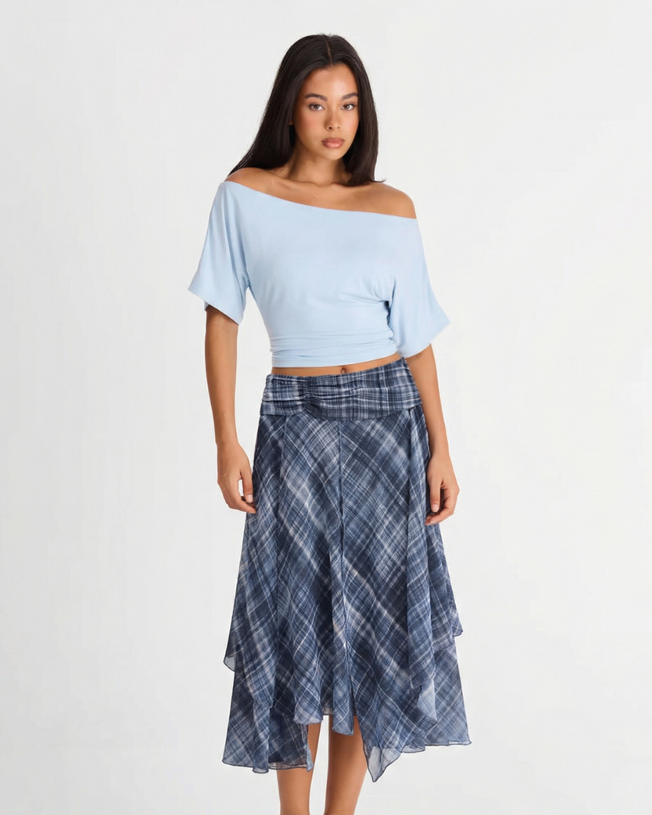 Yara | Midi Skirt Blue Check Asymmetric Hem Sheer Chiffon