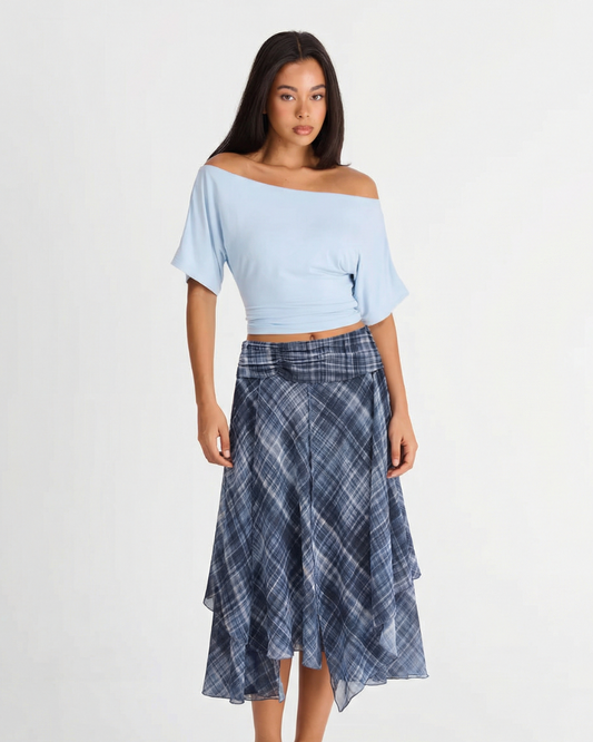 Yara | Midi Skirt Blue Check Asymmetric Hem Sheer Chiffon