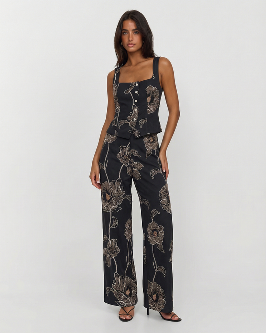 Freya | Elegant Floral Co Ord Set Black Wide Leg