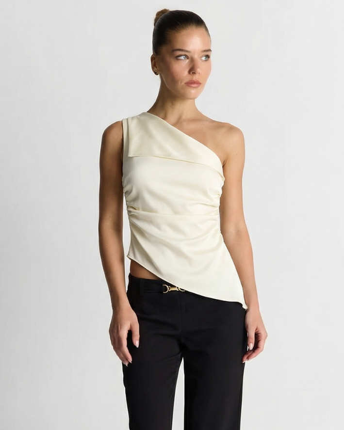 Suki | Elegant One Shoulder Top Cream Satin Asymmetric Draped