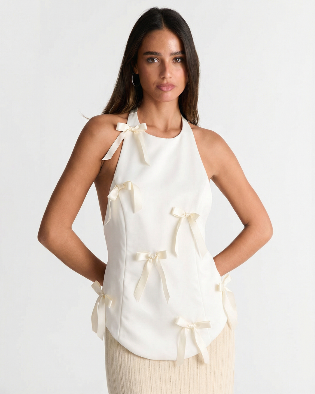 Vera | Coquette Halter Top White Satin Bow Detail Sleeveless