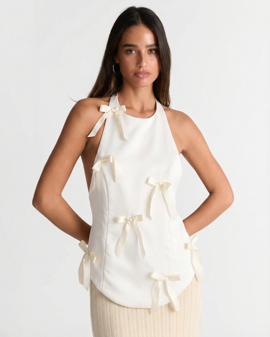 Neve | Elegant Halter Neck Top White Satin Bow Detail Sleeveless