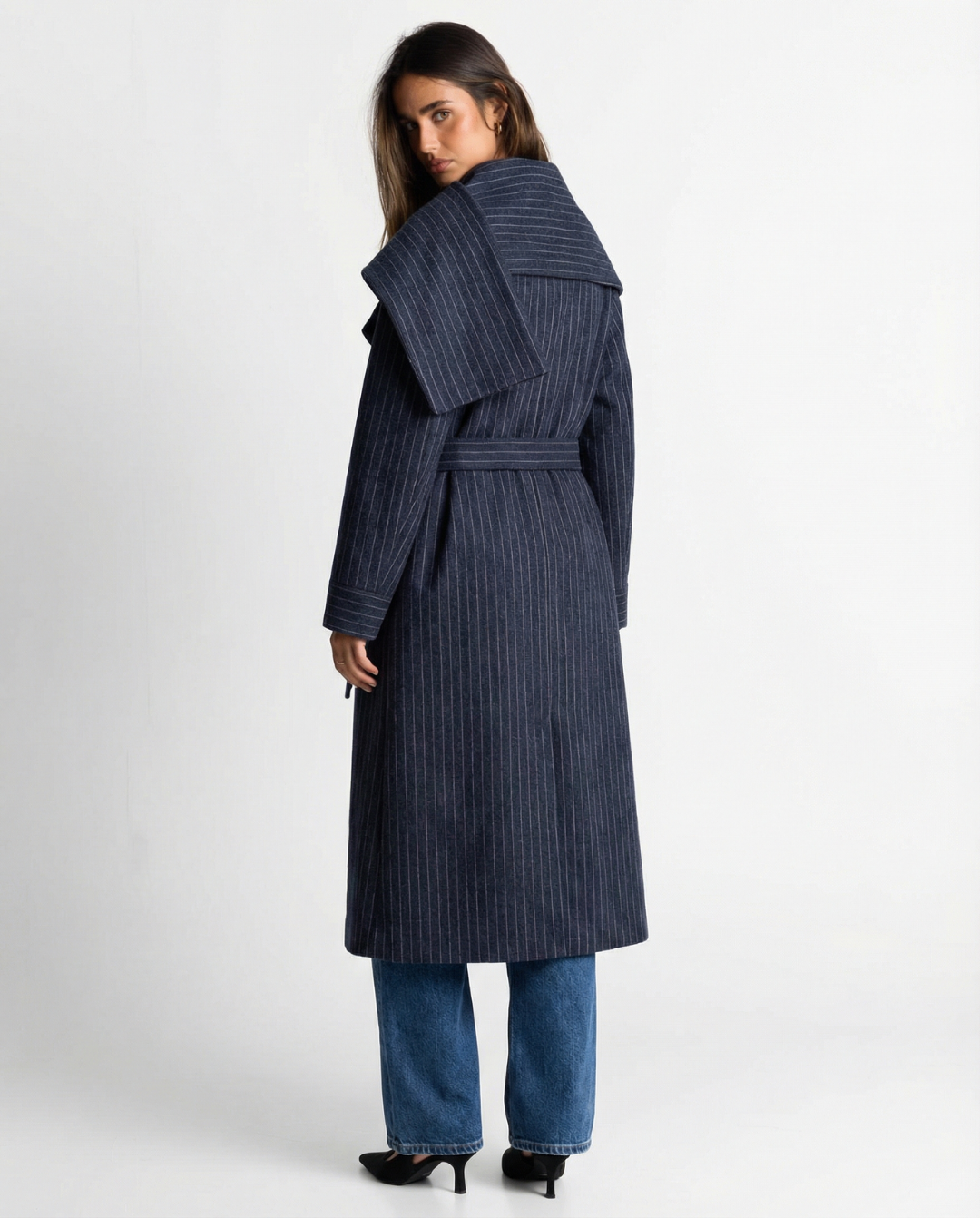Edie | Elegant Pinstripe Tailored Coat Navy Long Belted