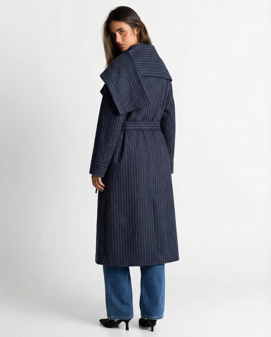Edie | Elegant Pinstripe Tailored Coat Navy Long Belted
