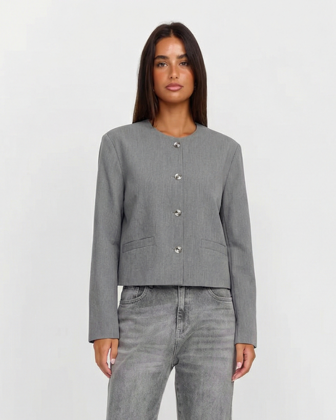 Vera | Cropped Blazer Gray Button Front Long Sleeve