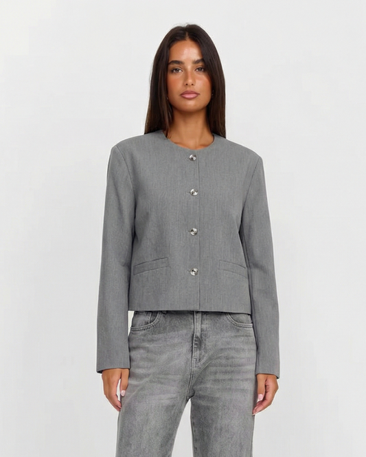 Vera | Cropped Blazer Gray Button Front Long Sleeve