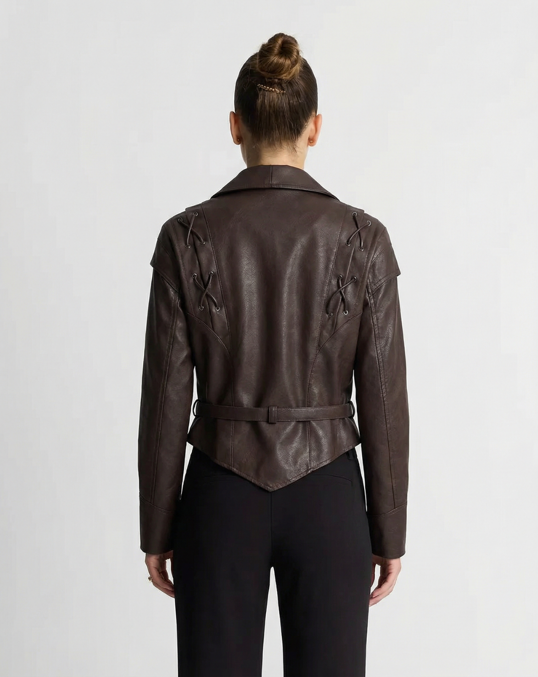 Thea | Faux Leather Jacket Brown Belted Shawl Collar