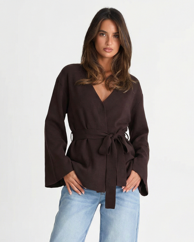 Orla | Elegant Wrap Blouse Brown Long Sleeve Belted V Neck