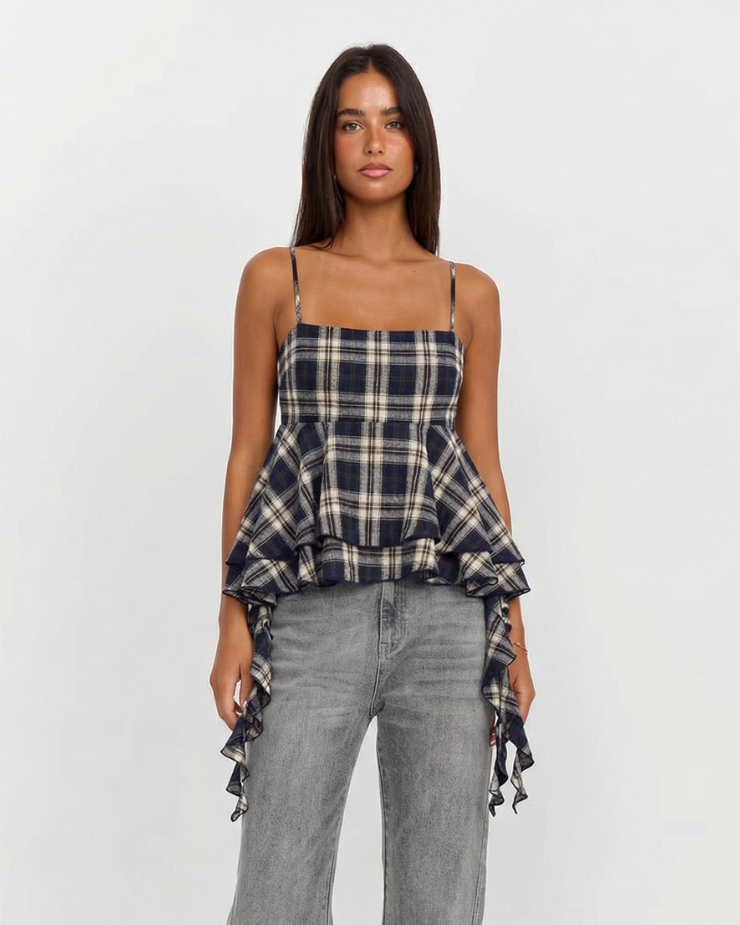Ayla | Elegant Peplum Top Cami Navy Check Ruffle Spaghetti Strap