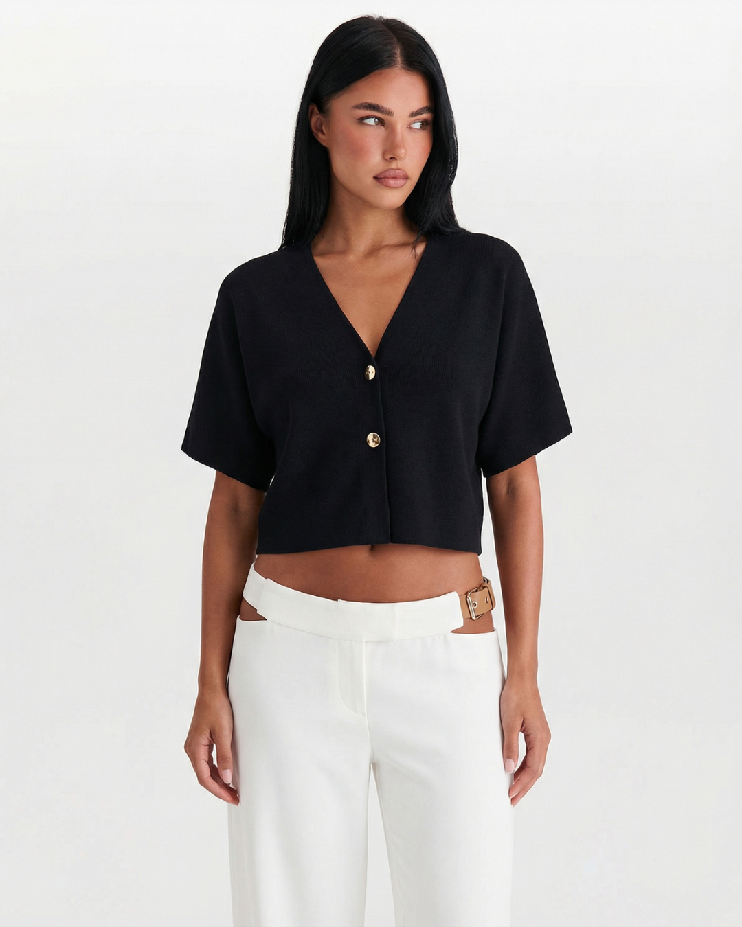Margot | Cropped Button Up Blouse Black Short Sleeve V Neck