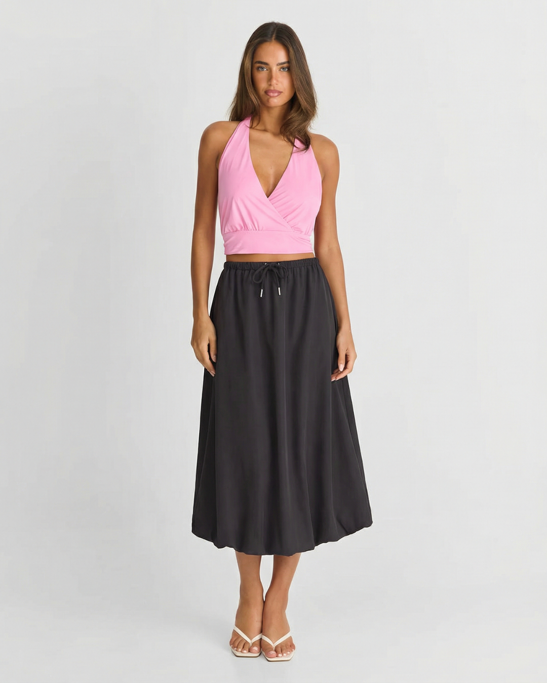 Ayla | Summer Satin Midi Skirt Black Drawstring