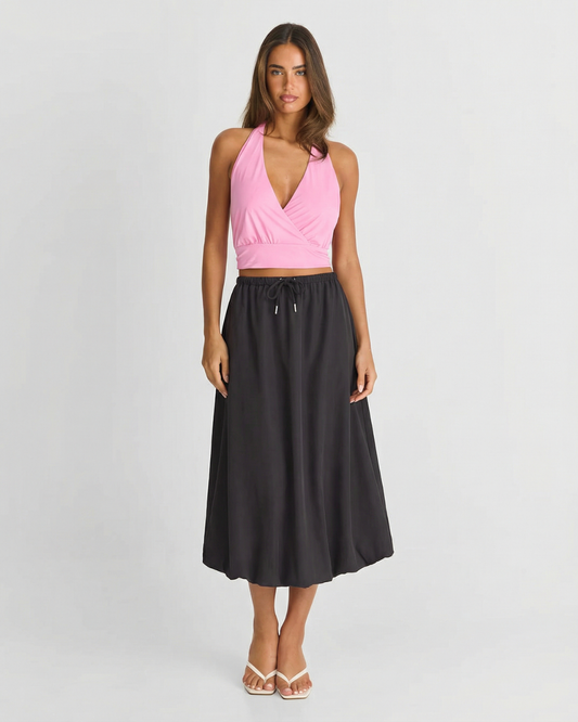 Ayla | Summer Satin Midi Skirt Black Drawstring