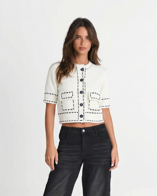 Margot | Cropped Blouse White Short Sleeve Button Front Contrast Stitch