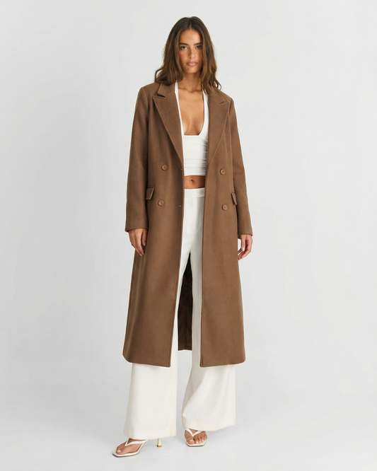 Margot | Elegant Longline Tailored Coat Brown Double Breasted