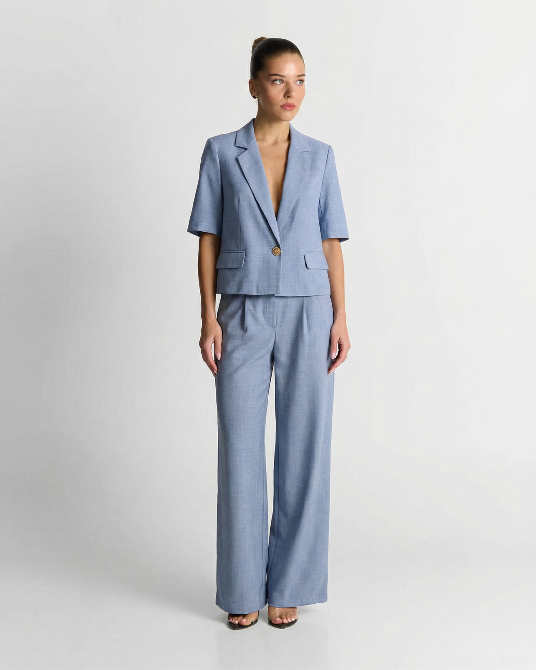 Margot | Tailored Blazer And Wide Leg Pants Set Blue Short Sleeve