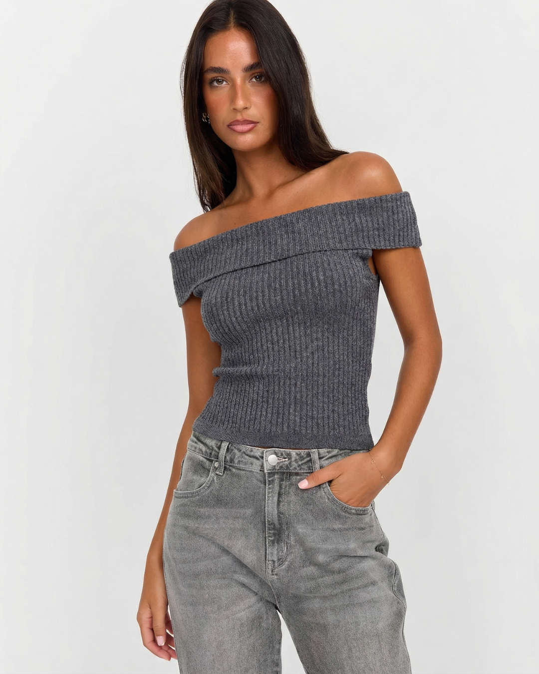 Viola | Off Shoulder Top Grey Knitted Ribbed Short Sleeve Fitted