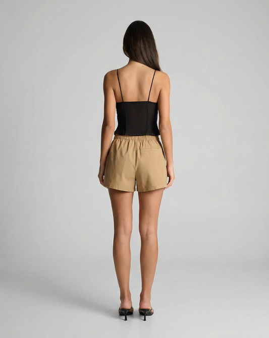 Thea | High Waisted Button Front Shorts Beige Tailored
