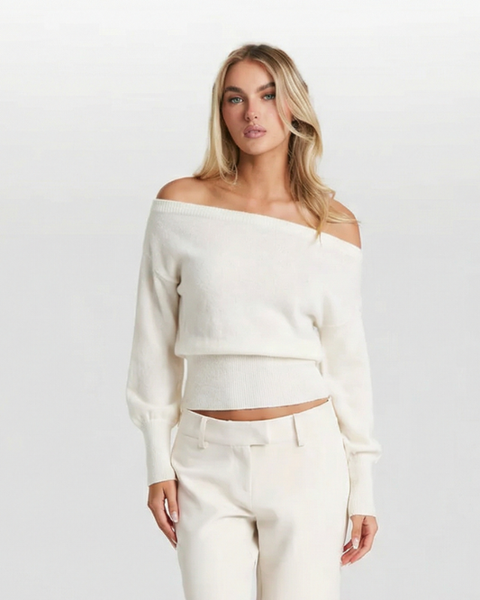 Maren | Elegant Off Shoulder Sweater Cream Knitted Long Sleeve