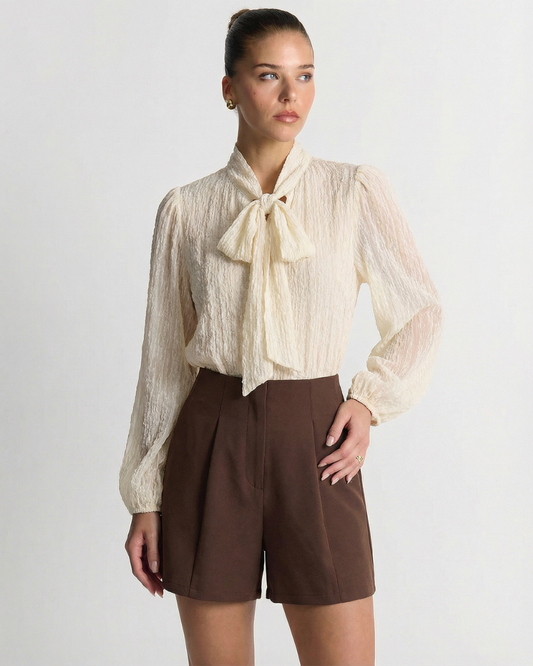 Lena | Elegant Tie Neck Cream Shorts Set Brown Pleated