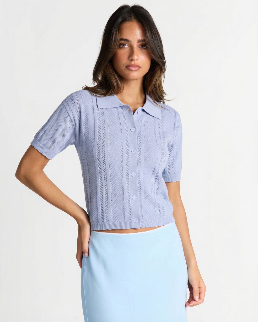 Florence | Delicate Textured Knit Short Sleeve Polo Top