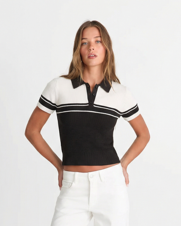 Willow | Ribbed Knit Colour Block Polo Top