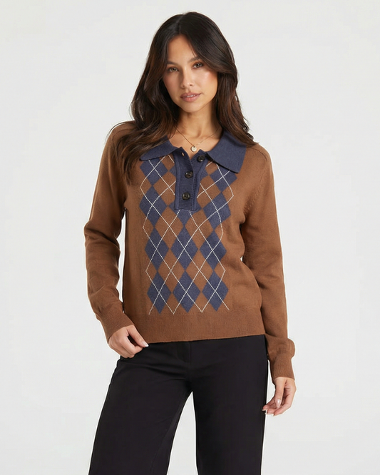 Chloe | Brown Classic Argyle Knit Long Sleeve Polo Jumper