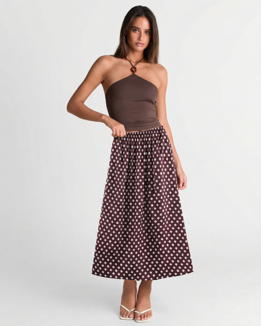 Evie | Polka Dot Midi Skirt Brown A Line High Waisted