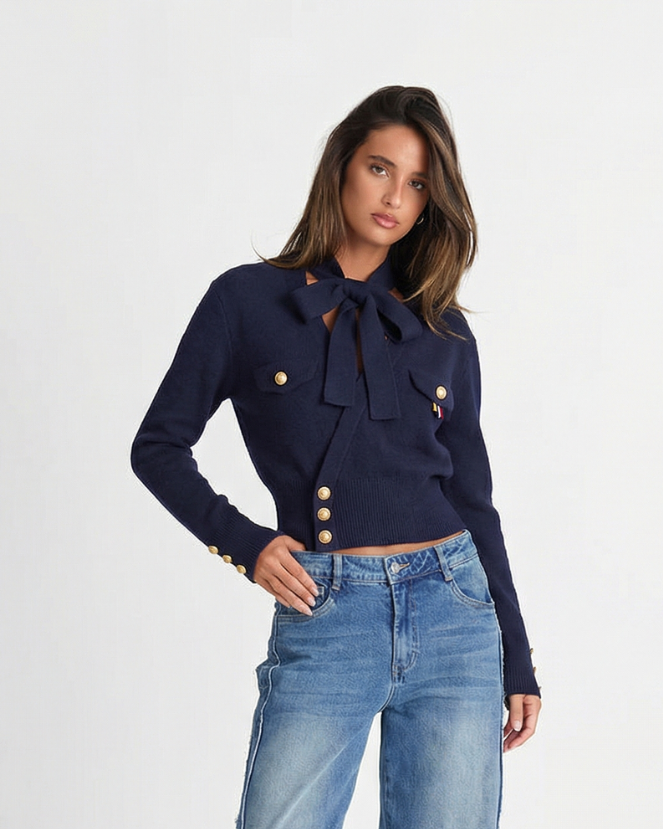 Vera | Tie Neck Button Blouse Navy Long Sleeve Cropped