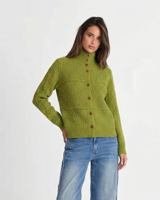 Maren | Autumn Knitted Cardigan Green Long Sleeve Button Front High Neck