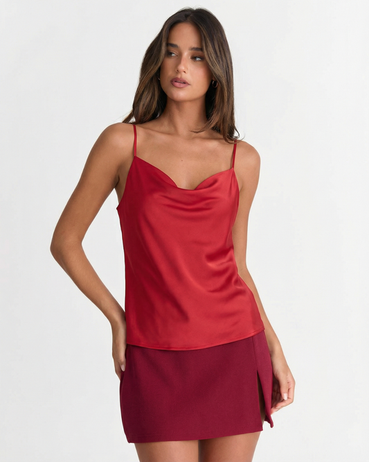 Maren | Elegant Cowl Neck Cami Top Red Satin Sleeveless Strappy