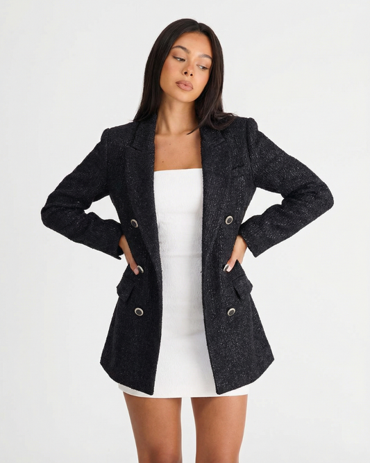 Vera | Oversized Tweed Blazer Black Double Breasted