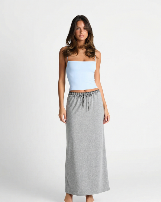 Luisa | Casual Maxi Skirt Grey Drawstring Waist Cotton