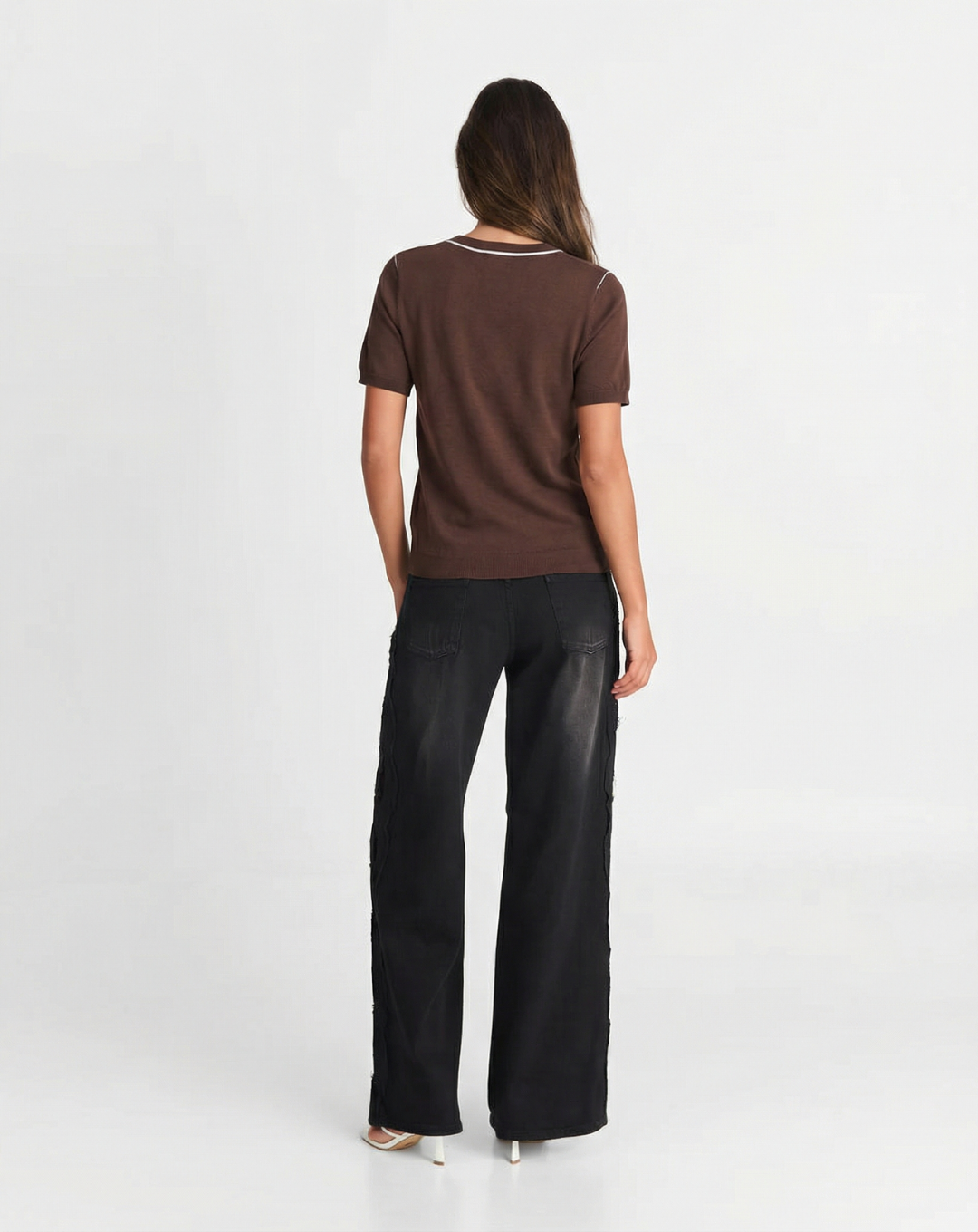 Briar | Knitted Top Brown Short Sleeve Crew Neck Contrast Trim