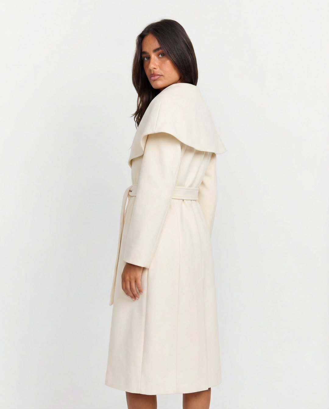 Tess | Elegant Belted Coat Cream Long Sleeve Peplum Collar
