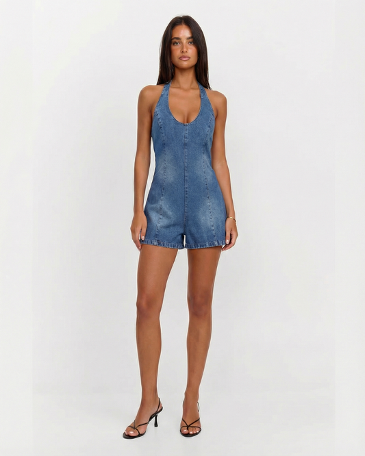Lire | Casual Halter Neck Denim Dress Blue Shorts