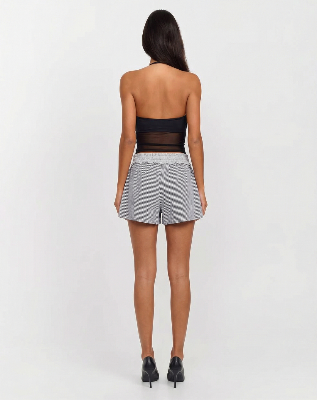 Edie | Casual Linen Shorts Striped Grey Drawstring High Waisted